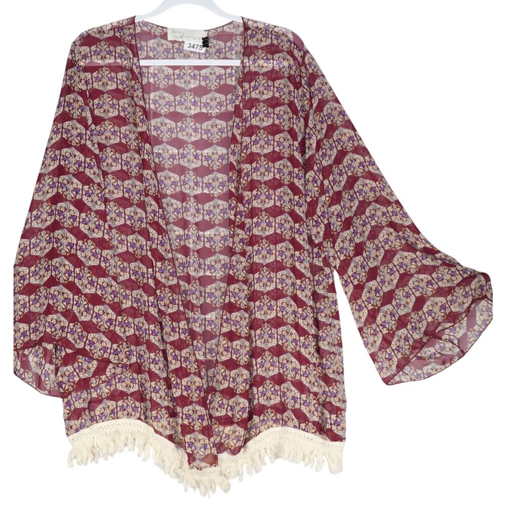 Vintage Savanna Burgundy Cardigan Womens Size M Cover Up Sheer Light Fringe